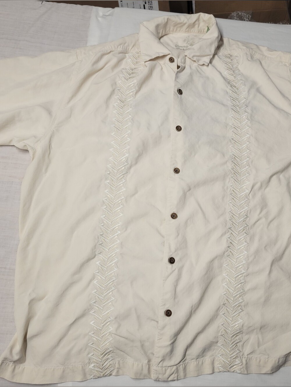Tommy Bahama Silk Rayon Cream Button-Up Shirt with Embroidered Size XL